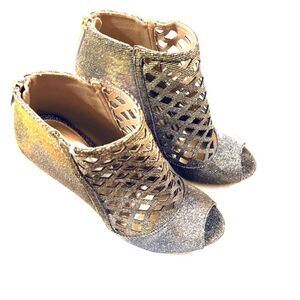 Glitter Caged Bootie Heel Iridescent Gold & Silver Gold Zipper Backs US 6